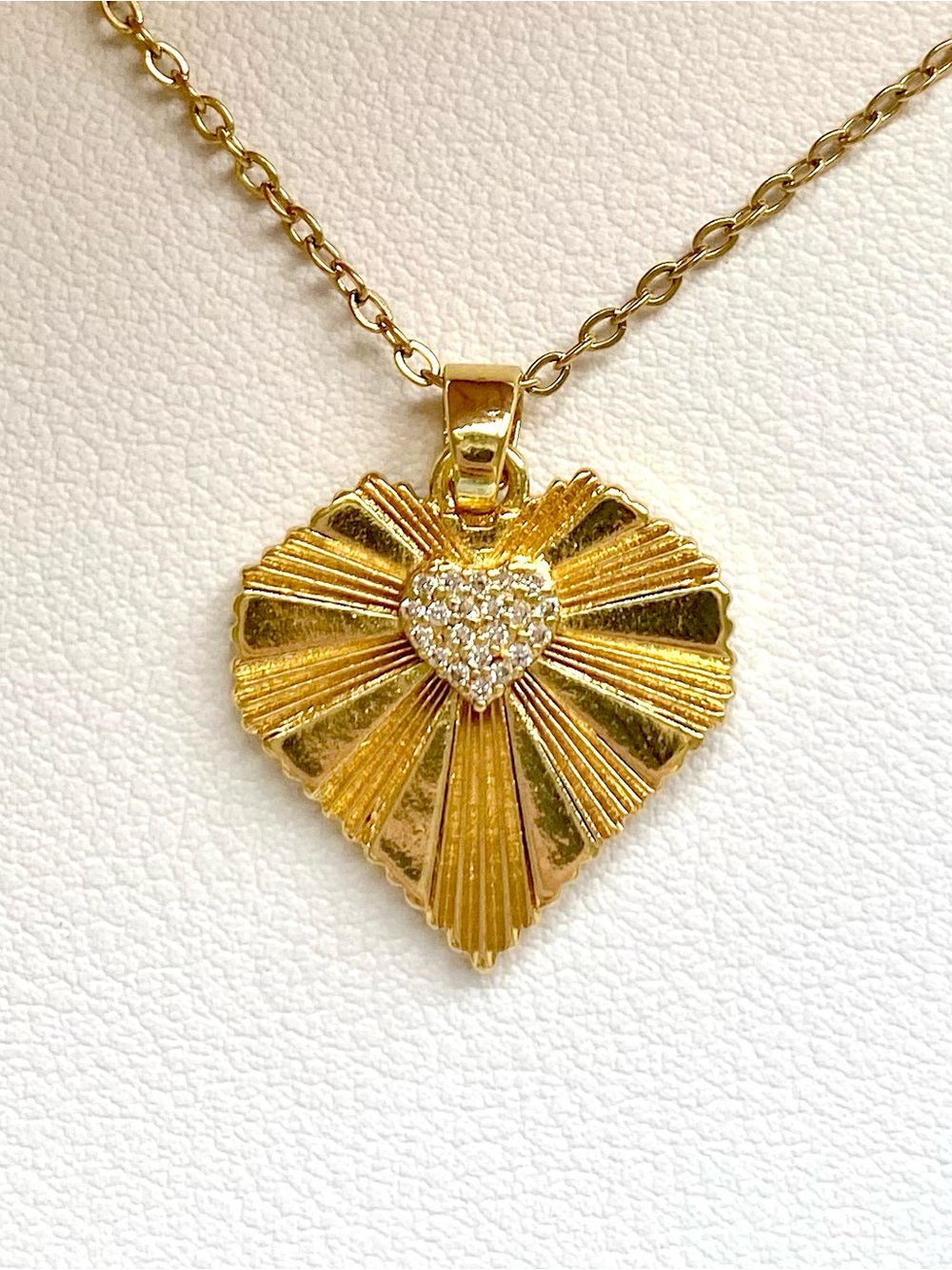 Gold Heart Ray Pendant Necklace with Crystal Accent